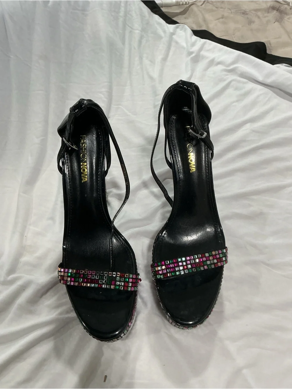 Fashion Nova Black Platform Heels with Multicolor Gem Accents